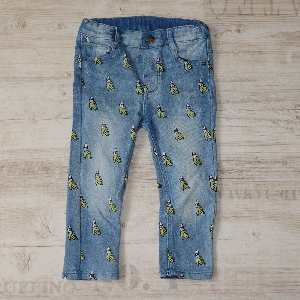 H&M Jeans Baby Boys 9-12M Blue Banana Print Stretch Adjustable Waist